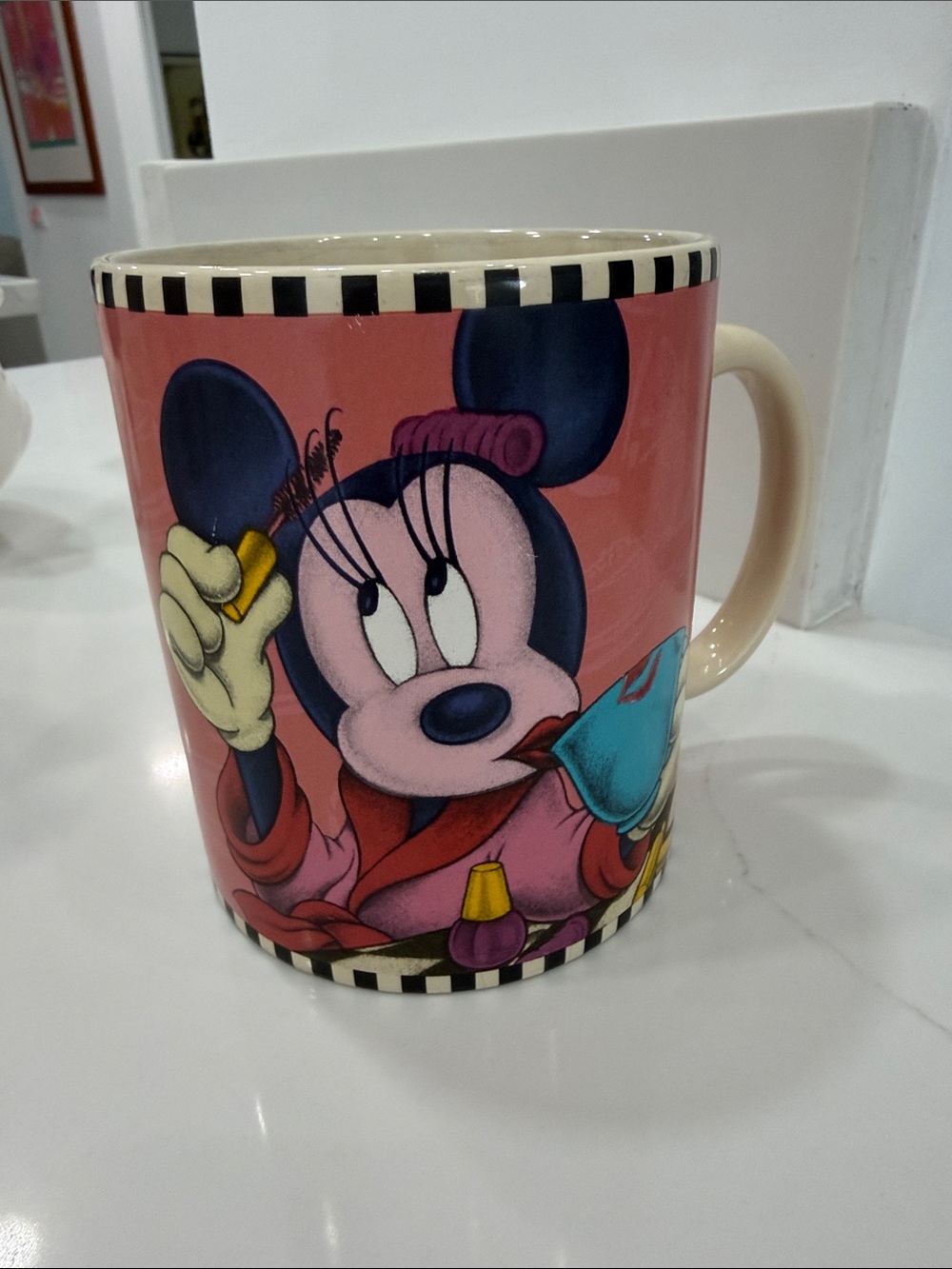 Disney Pink Minnie Mouse Ceramic Mug with Black-and-White Check Rim